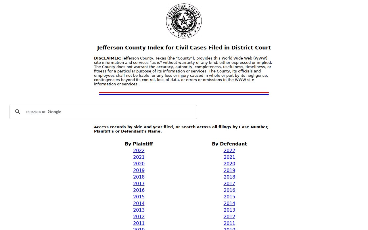 Jefferson County civil docket historical index