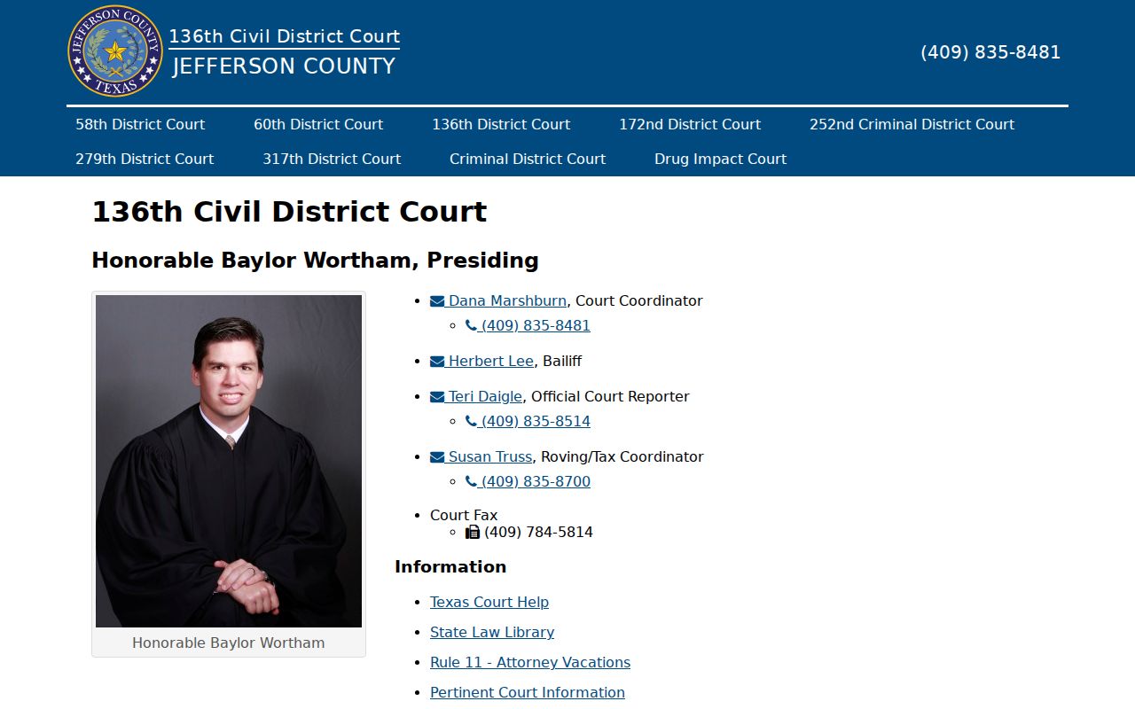 Jefferson County court calendar and settings at the 136th District Court