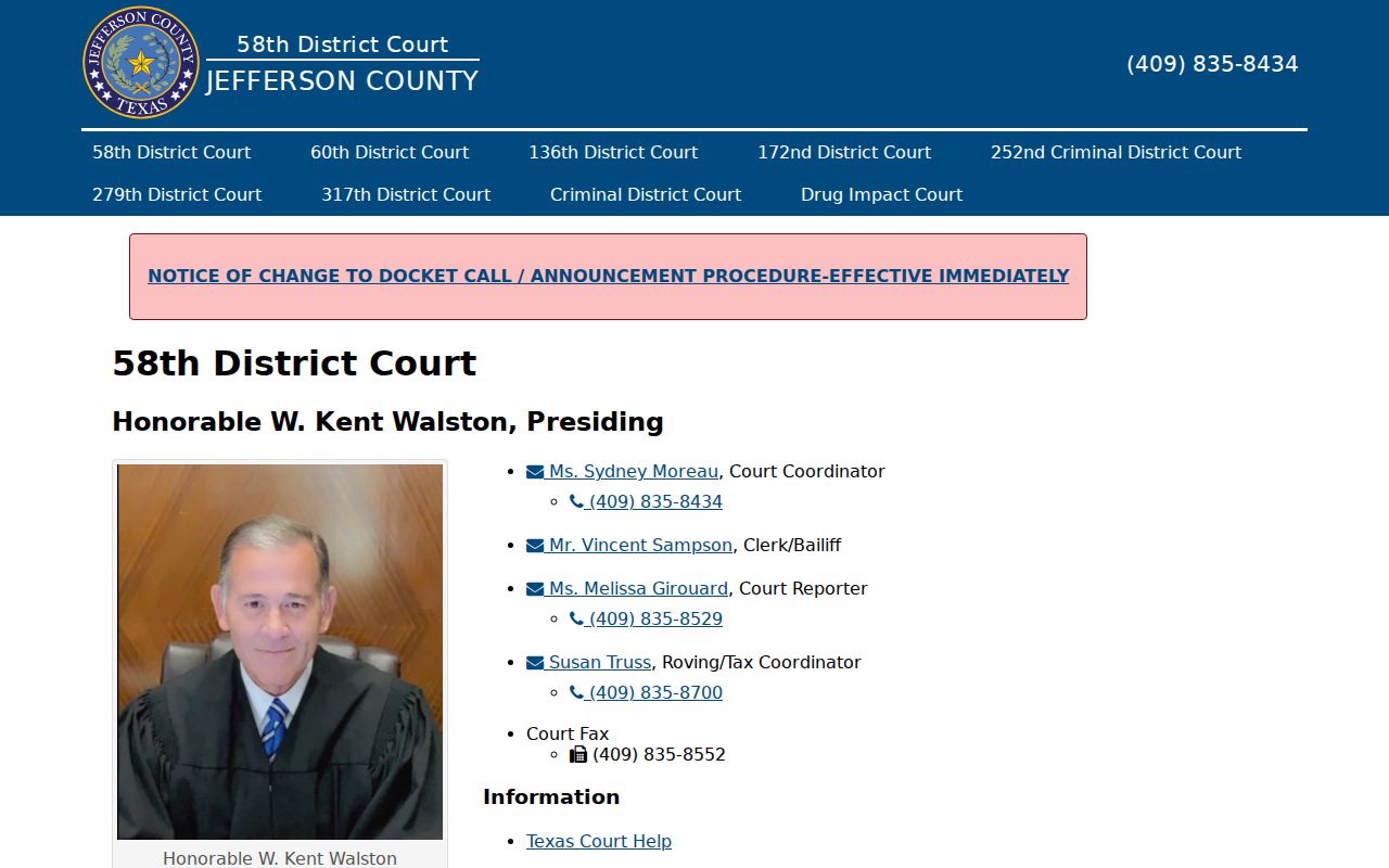Jefferson County court calendar on the 58th District Court page